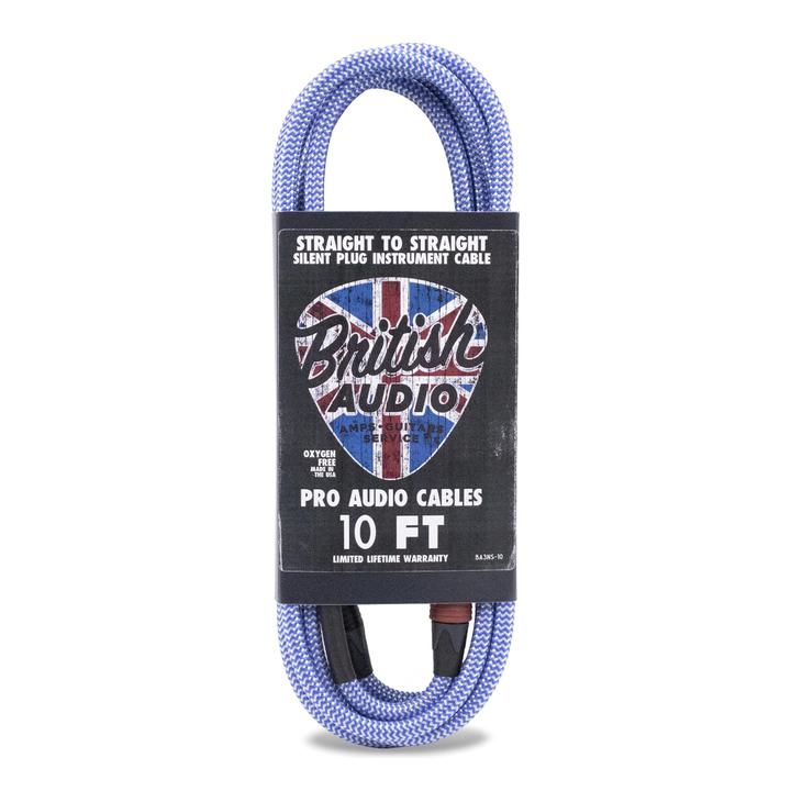 British Audio Touring Essentials Pro Audio Grade Instrument Cable, 10' Straight to Silent Straight, Blue & White Braid