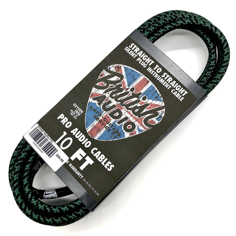 British Audio Pro Performance Silent Instrument Cable - Straight Silent to Straight (Kemper Green & Black Braid) - British Audio