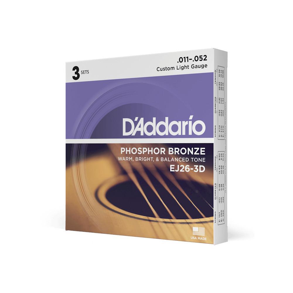 D'Addario 3 Sets, Phosphor Bronze Acoustic Guitar, Custom Light 11-52 - British Audio