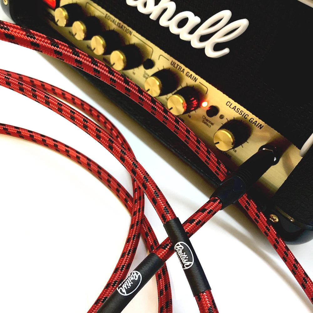 British Audio Pro Performance Silent Instrument Cable - Right Angle Silent to Straight (Red & Black Braid) - British Audio