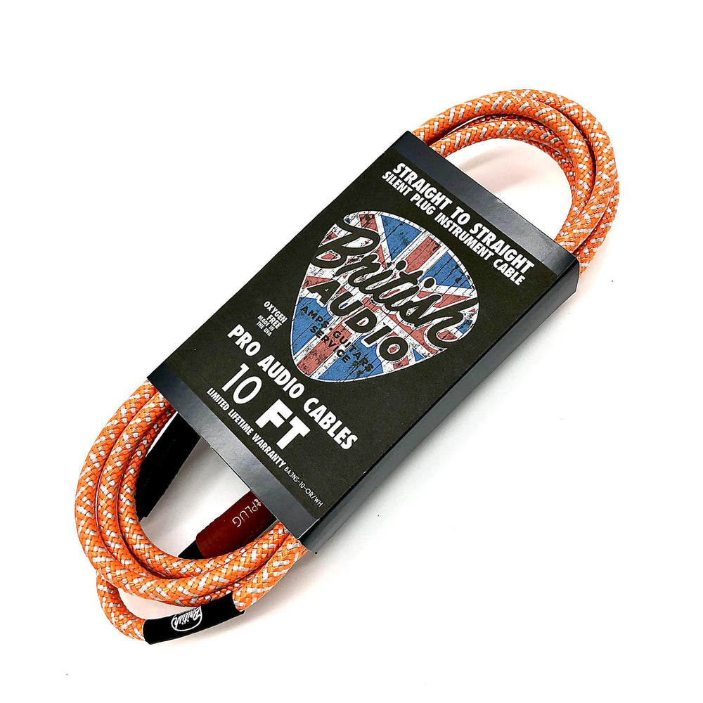 British Audio Pro Performance Silent Instrument Cable - Straight Silent to Straight (Orange & White Braid) - British Audio