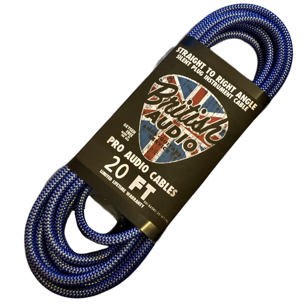 British Audio Pro Performance  20' Right Angle Silent Plug to Straight Plug Instrument Cable, White & Blue Braid