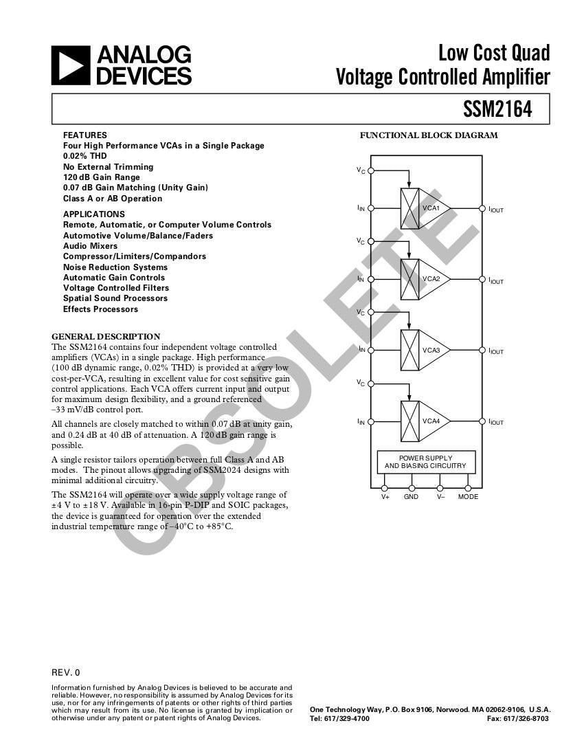 SSM2164 IC Analog Devices NOS Quad Voltage Controlled Amplifier (VCA) - British Audio