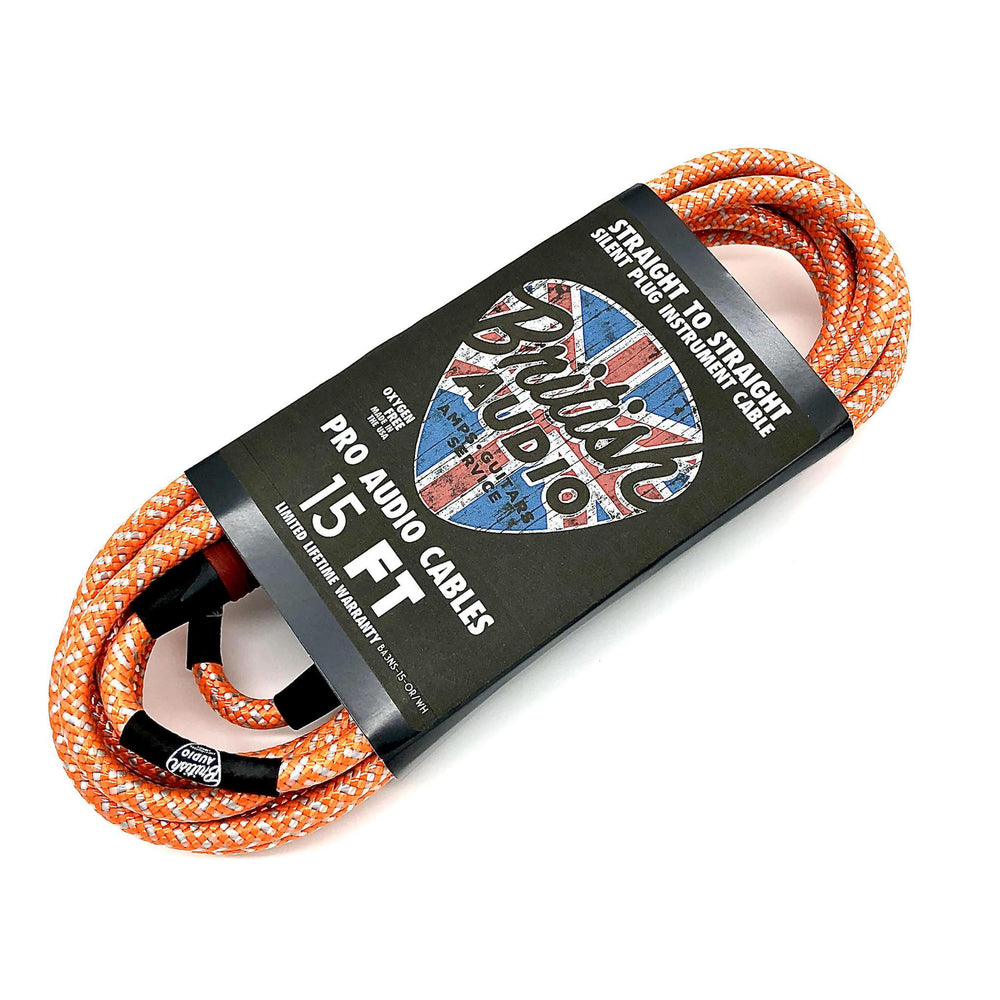 British Audio Pro Performance Silent Instrument Cable - Straight Silent to Straight (Orange & White Braid) - British Audio